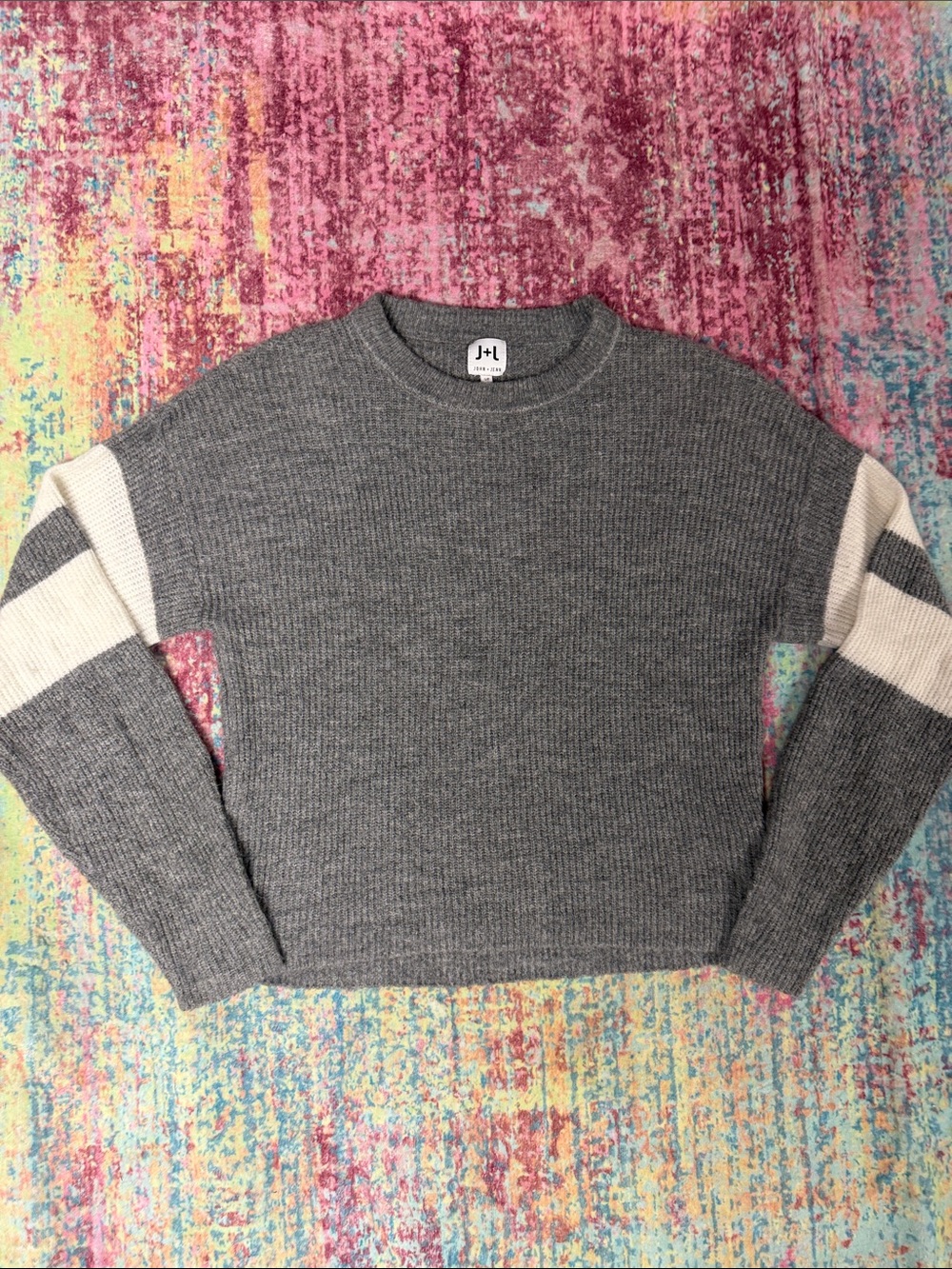 John + Jenn Men's Gray Crewneck Sweater with White Sleeve Stripes